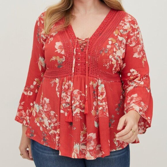 Torrid Floral Boho Babydoll Top Gauze Crochet Trim Lace-Up Bell Sleeves Size 3 - Picture 3 of 7